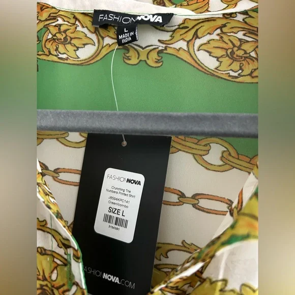 NWT Fashion Nova Green and Gold Chain Print Shirts - Picture 7 of 8